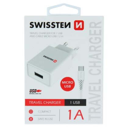 Swissten Travel Tīkla lādētājs Smart IC USB 1A + kabelis USB / Micro USB 1.2m 22061000 8595217464483