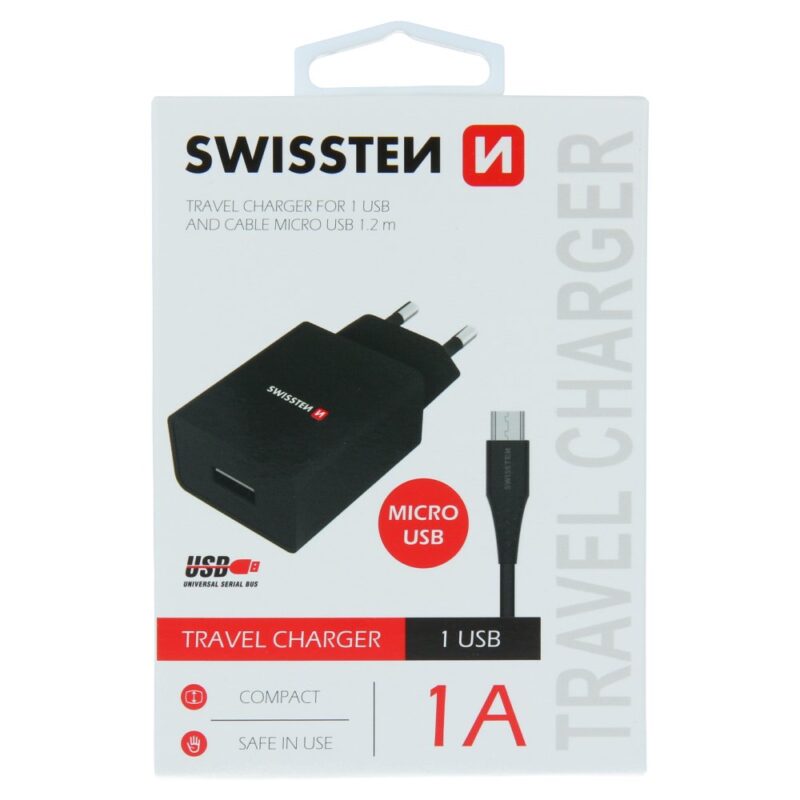 Swissten Travel Tīkla lādētājs Smart IC USB 1A + kabelis USB / Micro USB 1.2m 22062000 8595217464490