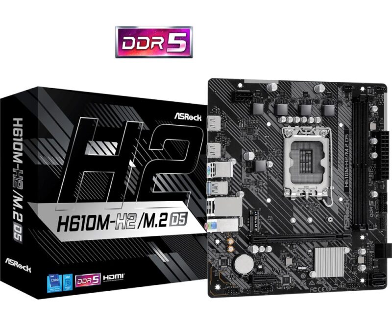 Mainboard ASROCK Intel H610 LGA1700 Micro-ATX Memory DDR5 Memory slots 2 1xPCI-Express 3.0 1x 1xPCI-Express 4.0 16x 1xM.2 2xHDMI 4xUSB 2.0 2xUSB 3.2 1xPS/2 1xRJ45 3xAudio port H610M-H2/M.2D5  H610M-H2/M.2D5 4710483943775