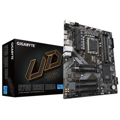 Mainboard GIGABYTE Intel B760 Express LGA1700 ATX Memory DDR4 Memory slots 4 4xPCI-Express 3.0 1x 1xPCI-Express 4.0 16x 2xM.2 1xHDMI 1xDisplayPort 4xUSB 2.0 1xUSB 3.2 1xUSB-C 1xPS/2 1xRJ45 3xAudio port B760DS3HDDR4  B760DS3HDDR4 4719331850746