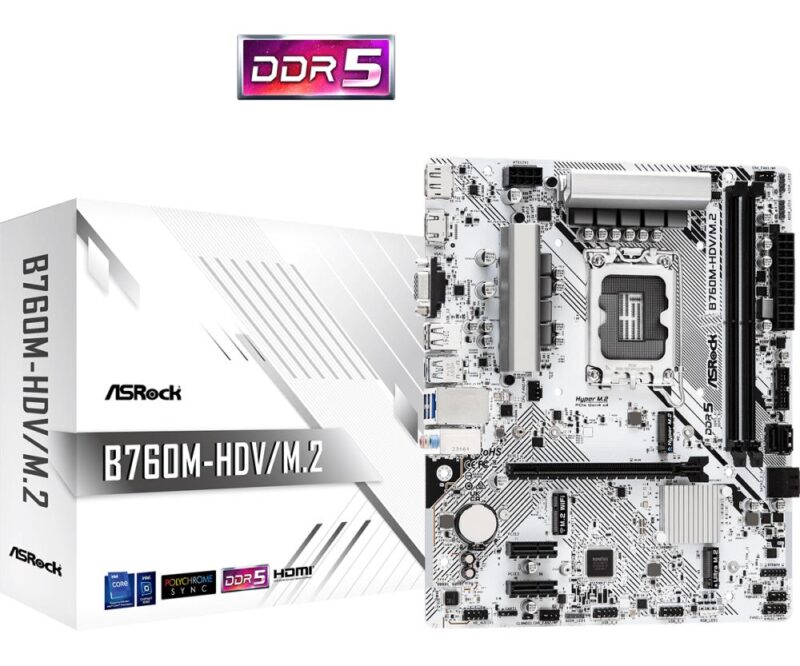 Mainboard ASROCK Intel B760 Express LGA1700 Micro-ATX Memory DDR5 Memory slots 2 2xPCI-Express 3.0 1x 1xPCI-Express 4.0 16x 1xM.2 1x15pin D-sub 1xHDMI 1xDisplayPort 1xAV-In 1xAV-out 1xMicrophone 2xUSB 2.0 3xUSB 3.2 1xUSB-C 1xRJ45 B760M-HDV/M.2  B760M-HDV/M.2 4710483943485