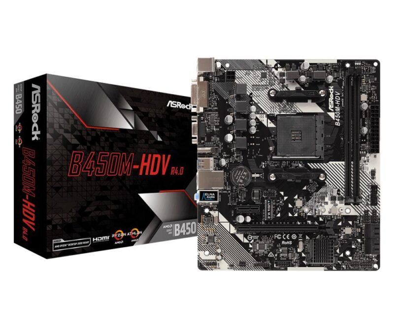 Mainboard ASROCK AMD B450 SAM4 Micro-ATX Memory DDR4 Memory slots 2 1xPCI-Express 2.0 1x 1xPCI-Express 3.0 16x 1xM.2 1x15pin D-sub 1xDVI-D 1xHDMI 2xUSB 2.0 4xUSB 3.1 1xPS/2 1xRJ45 3xAudio port B450M-HDVR4.0  B450M-HDVR4.0 4717677337617