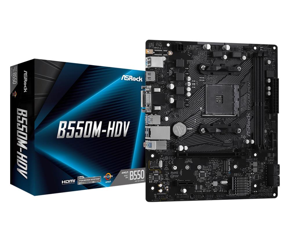 Mainboard ASROCK AMD B550 SAM4 MicroATX 1xPCI-Express 3.0 1x 1xM.2 1xPCI-Express 4.0 16x Memory DDR4 Memory slots 2 1x15pin D-sub 1xDVI 1xHDMI 2xUSB 2.0 4xUSB 3.2 1xPS/2 1xRJ45 3xAudio port B550M-HDV  B550M-HDV 4710483931635