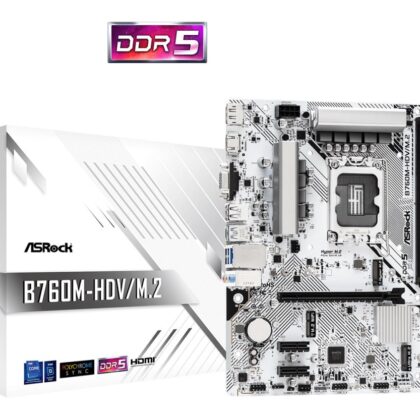 Mainboard ASROCK Intel B760 Express LGA1700 Micro-ATX Memory DDR5 Memory slots 2 2xPCI-Express 3.0 1x 1xPCI-Express 4.0 16x 1xM.2 1x15pin D-sub 1xHDMI 1xDisplayPort 1xAV-In 1xAV-out 1xMicrophone 2xUSB 2.0 3xUSB 3.2 1xUSB-C 1xRJ45 B760M-HDV/M.2  B760M-HDV/M.2 4710483943485