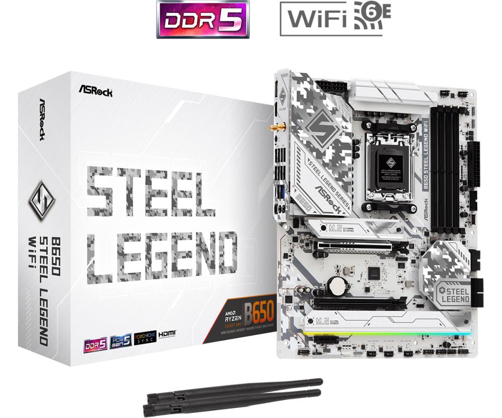 Mainboard ASROCK AMD B650 SAM5 ATX Memory DDR5 Memory slots 4 1xPCI-Express 3.0 16x 1xPCI-Express 4.0 1x 1xPCI-Express 5.0 16x 1xM.2 1xHDMI 1xDisplayPort 8xUSB 2.0 3xUSB 3.2 2xUSB-C 1xRJ45 2xAudio port B650STEELLEGENDWIFI  B650STEELLEGENDWIFI 4710483944598