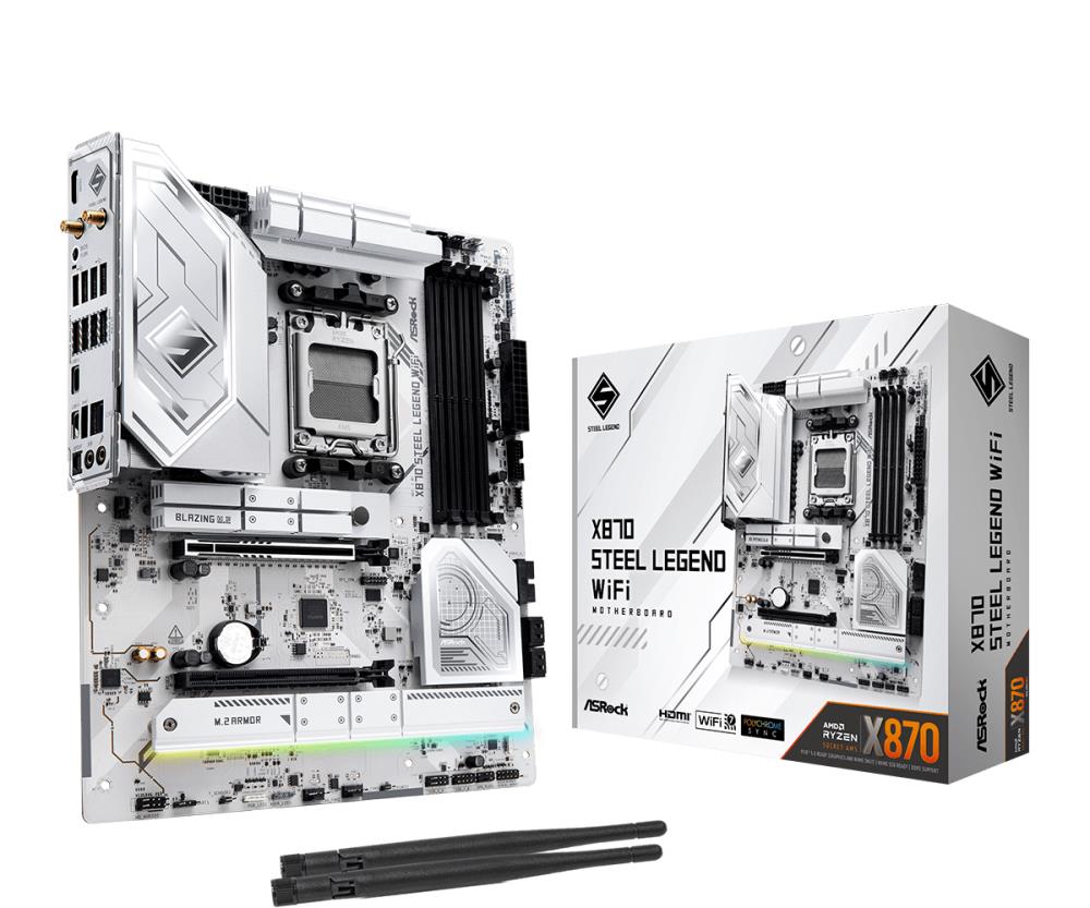 Mainboard ASROCK AMD X870 SAM5 ATX Memory DDR5 Memory slots 4 1xPCI-Express 4.0 16x 1xPCI-Express 5.0 16x 4xM.2 1xHDMI 4xUSB 2.0 5xUSB 3.2 2xUSB-C 1xOptical S/PDIF 1xRJ45 2xAudio port X870STEELLEGENDWIFI  X870 STEEL LEGEND WIFI 4710483949340