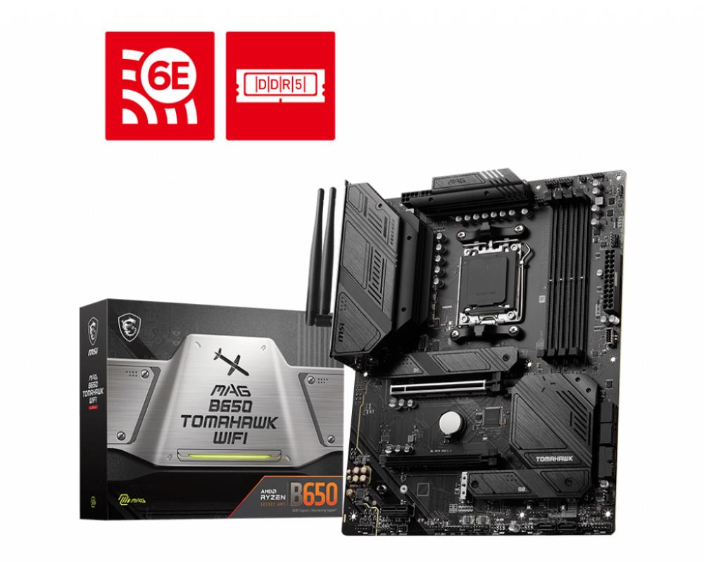 Mainboard MSI AMD B650 SAM5 ATX Memory DDR5 Memory slots 4 1xPCI-Express 1x 2xPCI-Express 16x 3xM.2 1xHDMI 1xDisplayPort 2xUSB 2.0 7xUSB 3.2 1xUSB-C 1xOptical S/PDIF 1xRJ45 5xAudio port MAGB650TOMAHAWKWIFI  MAGB650TOMAHAWKWIFI 4711377010153