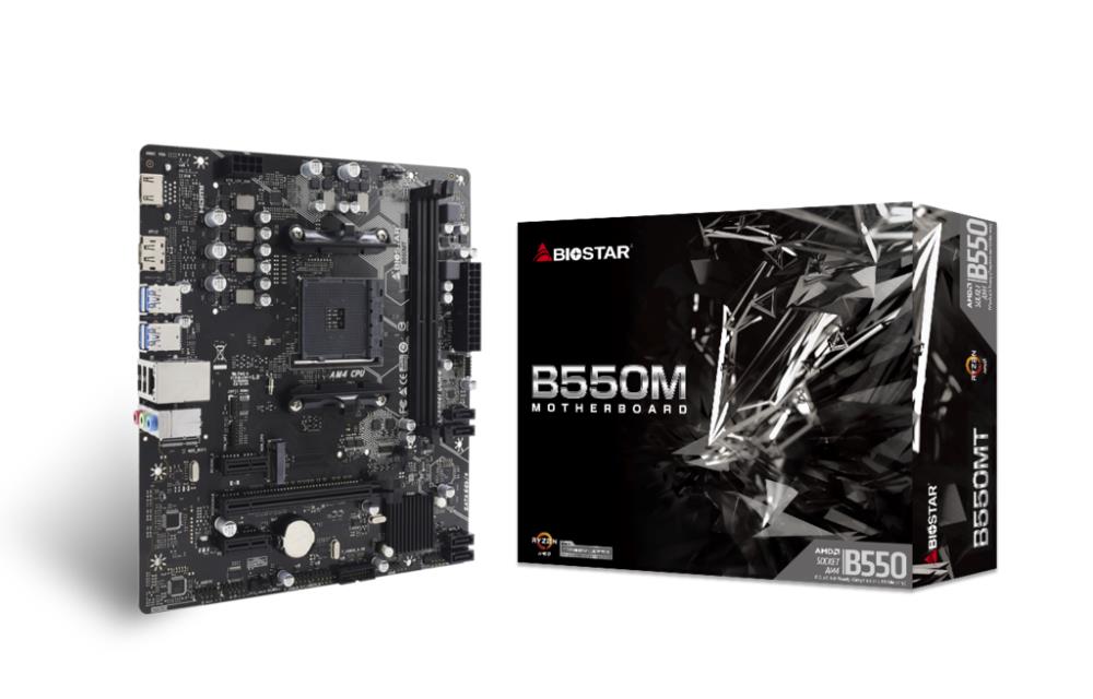 Mainboard BIOSTAR AMD B550 SAM4 Micro-ATX Memory DDR4 Memory slots 2 2xPCI-Express 3.0 1x 1xPCI-Express 3.0 16x 1xPCI-Express 4.0 16x 1xM.2 1x15pin D-sub 1xHDMI 1xDisplayPort 6xUSB 2.0 6xUSB 3.2 1xUSB-C 3xAudio port B550MT  B550MT 4712960687448