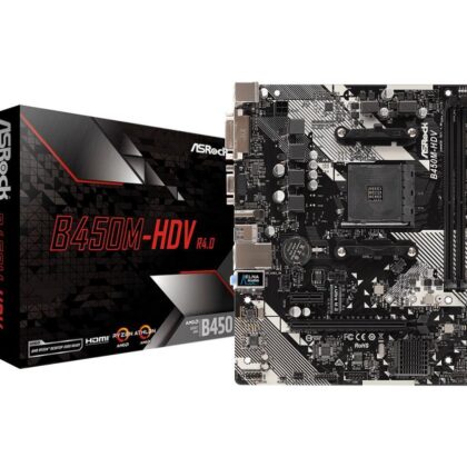 Mainboard ASROCK AMD B450 SAM4 Micro-ATX Memory DDR4 Memory slots 2 1xPCI-Express 2.0 1x 1xPCI-Express 3.0 16x 1xM.2 1x15pin D-sub 1xDVI-D 1xHDMI 2xUSB 2.0 4xUSB 3.1 1xPS/2 1xRJ45 3xAudio port B450M-HDVR4.0  B450M-HDVR4.0 4717677337617