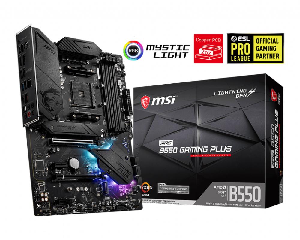 Mainboard MSI AMD B550 SAM4 ATX 2xPCI-Express 3.0 1x 1xPCI-Express 3.0 4x 2xM.2 1xPCI-Express 4.0 1x Memory DDR4 Memory slots 4 1xHDMI 1xDisplayPort 2xAudio-In 3xAudio-Out 4xUSB 2.0 1xUSB type C 3xUSB 3.2 1xPS/2 1xOptical S/PDIF 1xRJ45 MPGB550GAMINGPLUS  MPGB550GAMINGPLUS 4719072731885