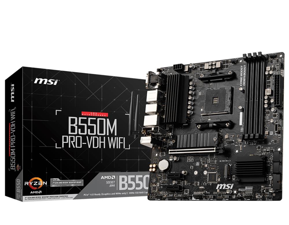 Mainboard MSI AMD B550 SAM4 MicroATX 2xPCI-Express 3.0 1x 2xM.2 1xPCI-Express 4.0 16x Memory DDR4 Memory slots 4 1x15pin D-sub 1xHDMI 1xDisplayPort 2xUSB 2.0 4xUSB 3.2 1xPS/2 1xRJ45 3xAudio port B550MPRO-VDHWIFI  B550MPRO-VDHWIFI 4719072733698