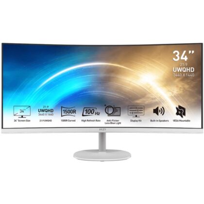 LCD Monitor MSI PRO MP341CQW 34" Business/Curved/21 : 9 Panel VA 3440x1440 21:9 100Hz Matte 4 ms Speakers Tilt Colour White PROMP341CQW  PRO MP341CQW 4719072978198