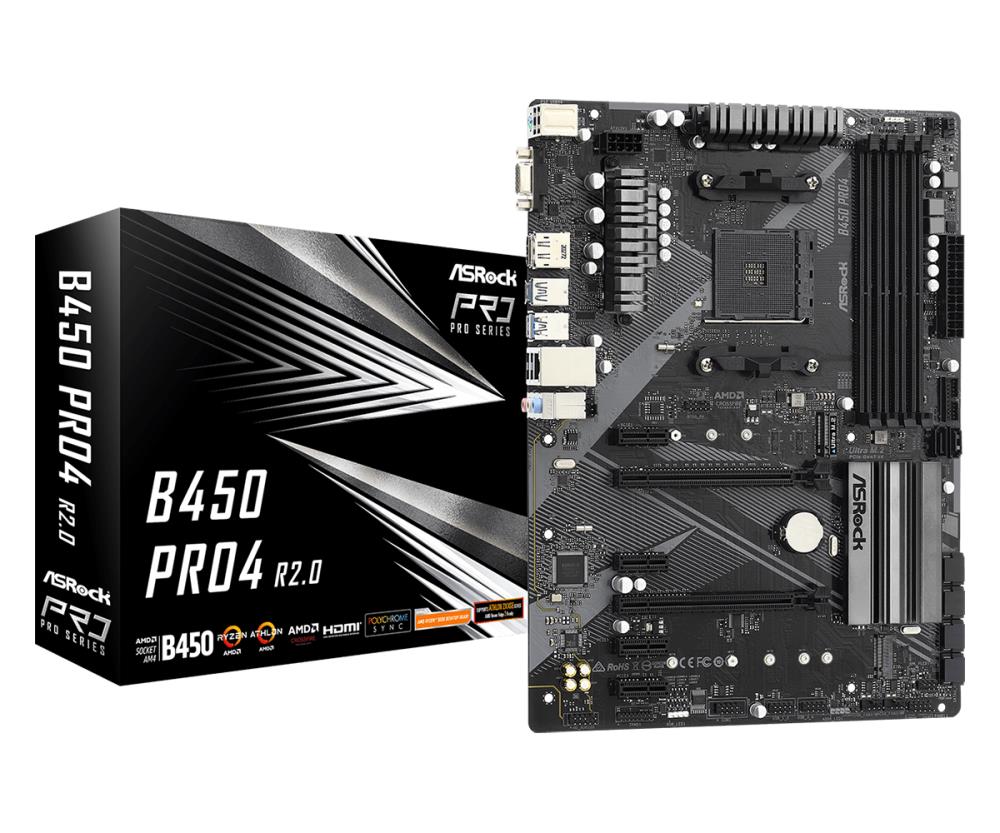 Mainboard ASROCK AMD B450 SAM4 ATX 4xPCI-Express 2.0 1x 2xPCI-Express 3.0 16x 2xM.2 Memory DDR4 Memory slots 4 1x15pin D-sub 1xHDMI 1xDisplayPort 2xAudio-In 1xAudio-Out 2xUSB 2.0 1xUSB type C 5xUSB 3.2 1xPS/2 1xRJ45 B450PRO4R2.0  B450PRO4R2.0 4710483932786