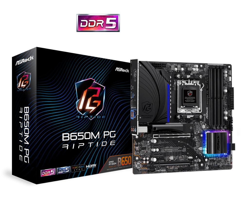 Mainboard ASROCK AMD B650 SAM5 MicroATX Memory DDR5 Memory slots 4 2xPCI-Express 3.0 1x 2xPCI-Express 4.0 16x 2xM.2 1xHDMI 1xDisplayPort 1xAudio-In 1xAudio-Out 1xMicrophone 4xUSB 2.0 3xUSB 3.2 1xUSB-C 1xRJ45 B650MPGRIPTIDE  B650MPGRIPTIDE 4710483940835