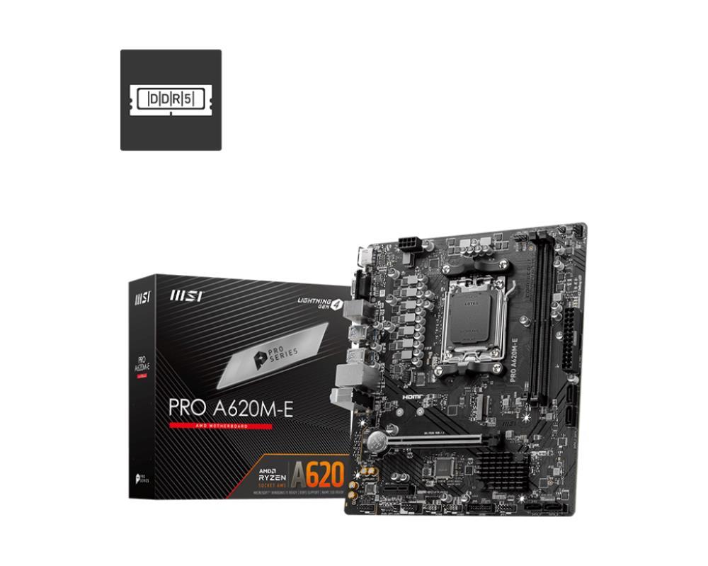 Mainboard MSI AMD A620 SAM5 Micro-ATX Memory DDR5 Memory slots 2 1xPCI-Express 3.0 1x 1xPCI-Express 4.0 16x 1xM.2 1x15pin D-sub 1xHDMI 2xUSB 2.0 4xUSB 3.2 2xPS/2 1xRJ45 3xAudio port PROA620M-E  PROA620M-E 4711377093804