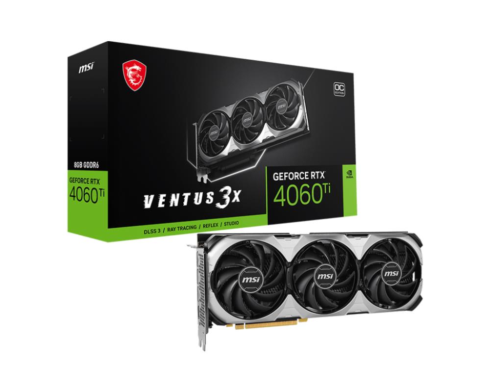 Graphics Card MSI NVIDIA GeForce RTX 4060 Ti 8 GB GDDR6 128 bit PCIE 4.0 16x Triple slot Fansink 1xHDMI 3xDisplayPort RTX4060TIVEN3XE8GOC  RTX4060TIVEN3XE8GOC 4711377134453