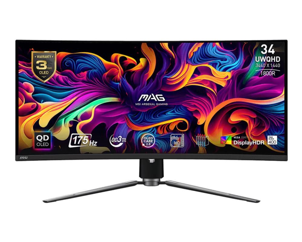 LCD Monitor MSI 34" Curved/21 : 9 Panel QD-OLED 3440x1440 21:9 175Hz Matte 0.03 ms Swivel Height adjustable Tilt Colour Black MAG341CQPQD-OLED  MAG341CQPQD-OLED 4711377135702