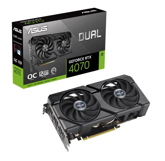 Graphics Card ASUS NVIDIA GeForce RTX 4070 12 GB GDDR6 192 bit PCIE 4.0 16x Triple slot Fansink 1xHDMI 3xDisplayPort DUAL-RTX4070-O12GD6-EVO  DUAL-RTX4070-O12GD6-EVO 4711387760314