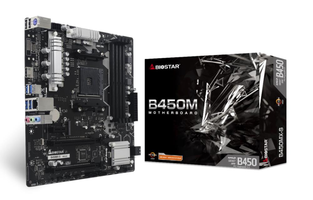 Mainboard BIOSTAR AMD B450 SAM4 Micro-ATX Memory DDR4 Memory slots 4 1xPCI-Express 2.0 1x 1xPCI-Express 2.0 16x 1xPCI-Express 3.0 16x 1xM.2 1xHDMI 2xUSB 2.0 4xUSB 3.2 1xPS/2 1xRJ45 3xAudio port B450MX-S  B450MX-S 4712960682641