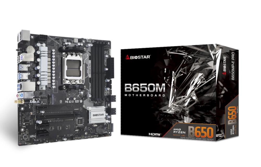 Mainboard BIOSTAR AMD B650 SAM5 Micro-ATX Memory DDR5 Memory slots 4 3xPCI-Express 4.0 1x 1xPCI-Express 4.0 16x 1xM.2 1xHDMI 1xDisplayPort 2xUSB 2.0 5xUSB 3.2 1xUSB-C 1xPS/2 1xRJ45 3xAudio port 2xWiFi antenna port B650MP-EPRO  B650MP-EPRO 4712960687400