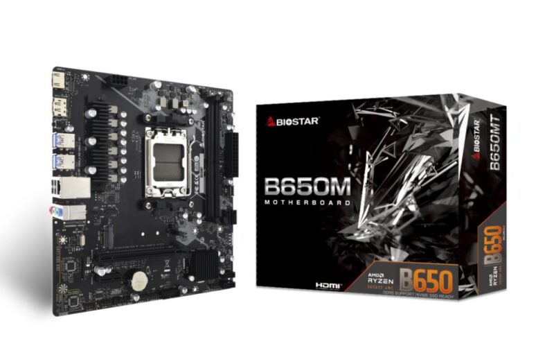 Mainboard BIOSTAR AMD B650 SAM5 Micro-ATX Memory DDR5 Memory slots 2 1xPCI-Express 3.0 1x 1xPCI-Express 4.0 16x 1xM.2 1xHDMI 1xDisplayPort 2xUSB 2.0 4xUSB 3.2 1xRJ45 3xAudio port B650MT  B650MT 4712960687622