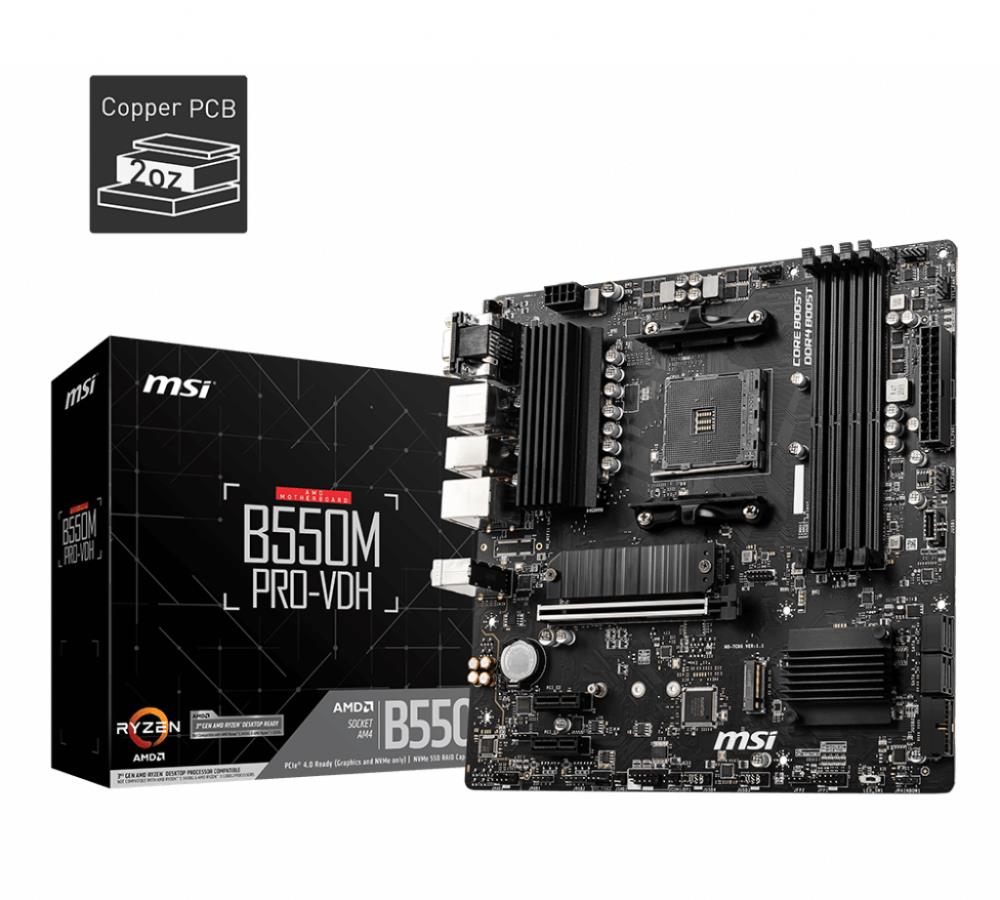 Mainboard MSI AMD B550 SAM4 MicroATX Memory DDR4 Memory slots 4 2xPCI-Express 3.0 1x 1xPCI-Express 4.0 16x 2xM.2 1x15pin D-sub 1xHDMI 1xDisplayPort 2xAudio-In 1xAudio-Out 2xUSB 2.0 4xUSB 3.2 1xPS/2 1xRJ45 B550MPRO-VDH  B550MPRO-VDH 4719072758417