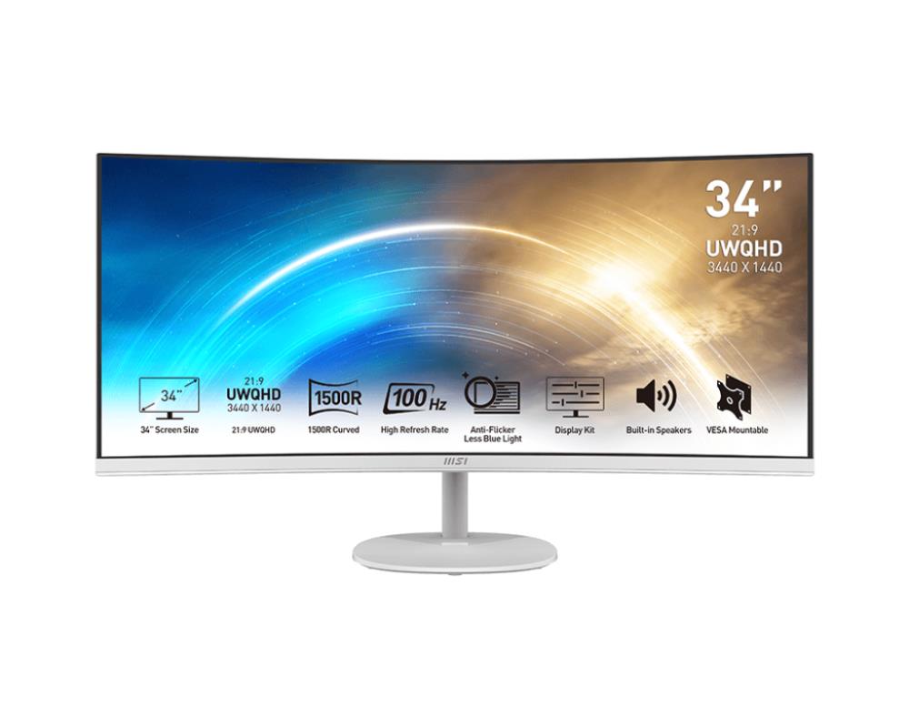 LCD Monitor MSI PRO MP341CQW 34" Business/Curved/21 : 9 Panel VA 3440x1440 21:9 100Hz Matte 4 ms Speakers Tilt Colour White PROMP341CQW  PRO MP341CQW 4719072978198