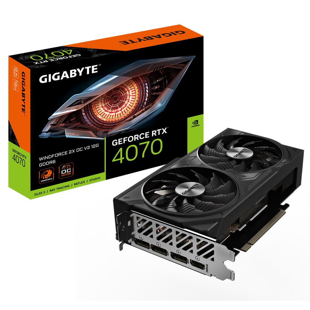 Graphics Card GIGABYTE NVIDIA GeForce RTX 4070 12 GB GDDR6 192 bit PCIE 4.0 16x GPU 2490 MHz Dual Slot Fansink 1xHDMI 3xDisplayPort GV-N4070WF2OCV2-12GD  GV-N4070WF2OCV2-12GD 4719331355005