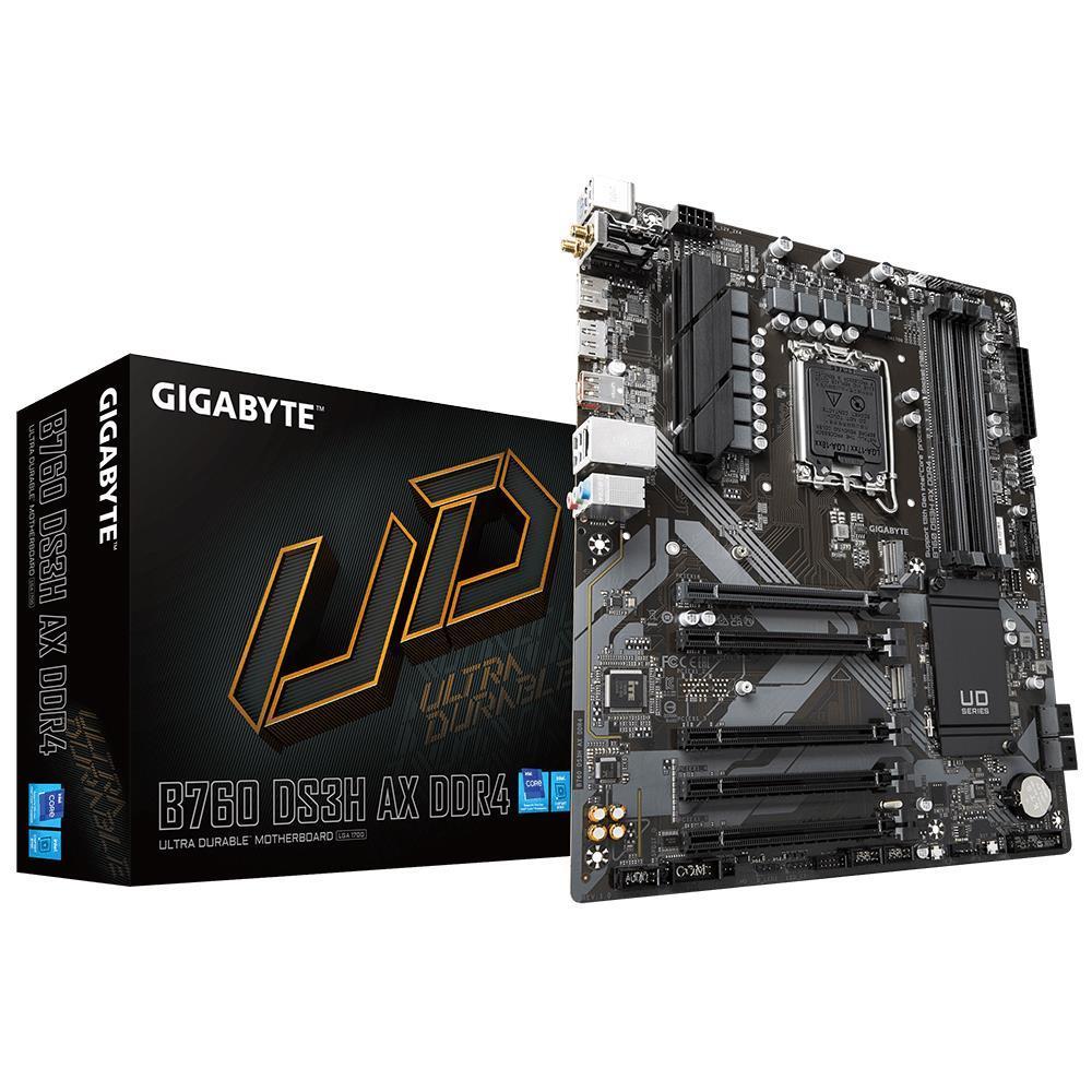 Mainboard GIGABYTE Intel B760 Express LGA1700 ATX Memory DDR4 Memory slots 4 4xPCI-Express 3.0 1x 1xPCI-Express 4.0 16x 2xM.2 1xHDMI 1xDisplayPort 2xAudio-In 1xAudio-Out 4xUSB 2.0 1xUSB 3.2 1xUSB-C 1xPS/2 1xRJ45 2xRF-Out B760DS3HAXDDR41.2  B760DS3HAXDDR41.2 4719331850999