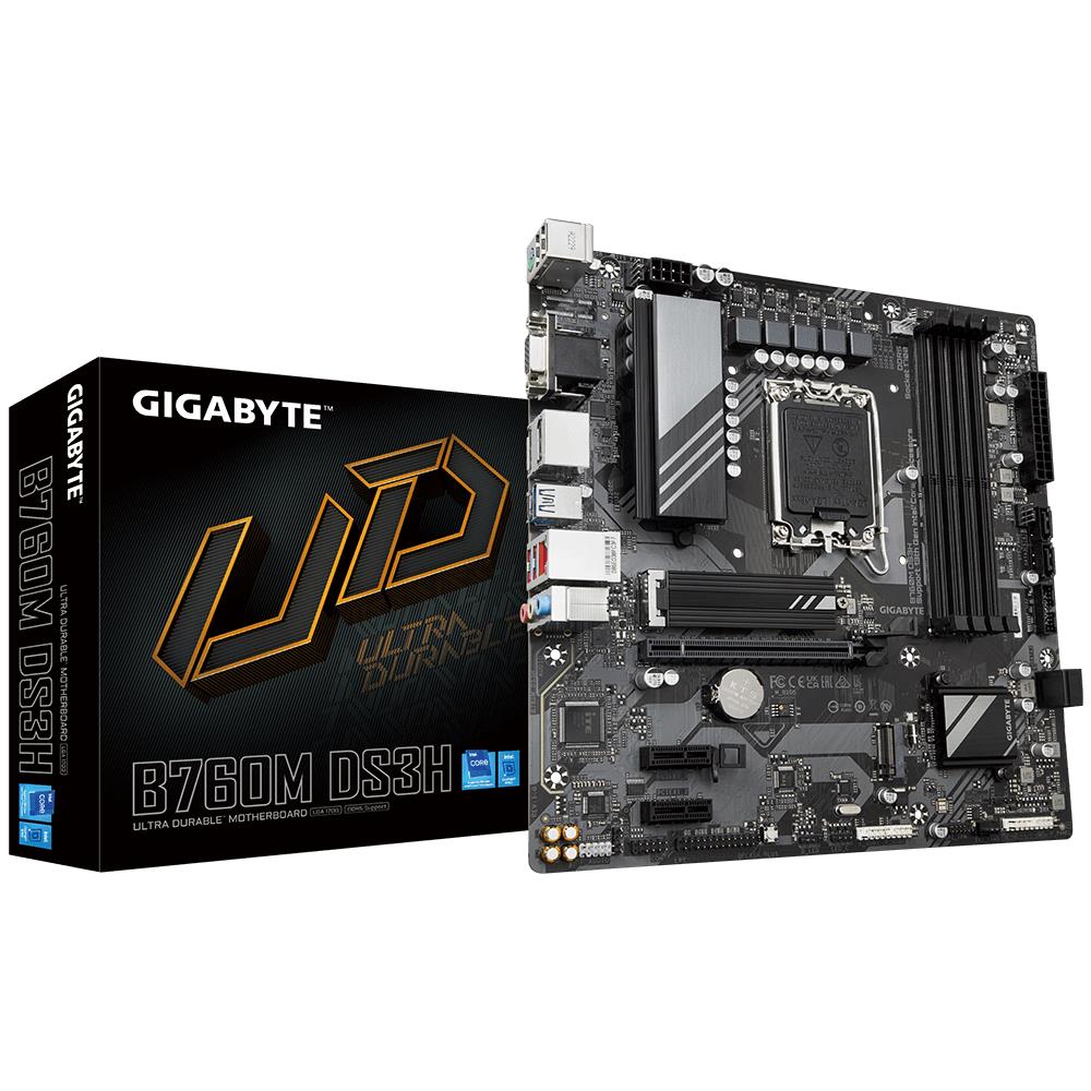 Mainboard GIGABYTE Intel B760 Express LGA1700 Micro-ATX Memory DDR5 Memory slots 4 2xPCI-Express 3.0 1x 1xPCI-Express 4.0 16x 2xM.2 1x15pin D-sub 1xHDMI 2xDisplayPort 2xUSB 2.0 3xUSB 3.2 1xUSB-C 1xPS/2 1xRJ45 3xAudio port B760MDS3H  B760MDS3H 4719331851736