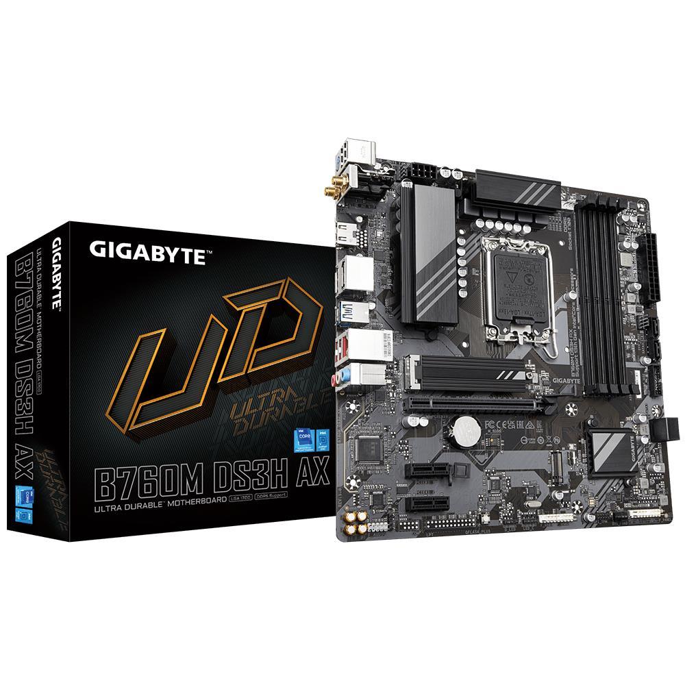 Mainboard GIGABYTE Intel B760 Express LGA1700 Micro-ATX Memory DDR5 Memory slots 4 2xPCI-Express 3.0 1x 1xPCI-Express 4.0 16x 2xM.2 1xHDMI 2xDisplayPort 2xAudio-In 1xAudio-Out 2xUSB 2.0 3xUSB 3.2 1xUSB-C 1xPS/2 1xRJ45 B760MDS3HAX1.2  B760MDS3HAX1.2 4719331851767