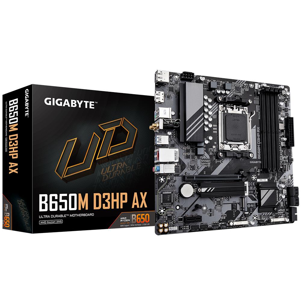 Mainboard GIGABYTE AMD B650 SAM5 Micro-ATX Memory DDR5 Memory slots 4 1xPCI-Express 16x 1xPCI-Express 3.0 1x 2xM.2 1xHDMI 2xDisplayPort 2xUSB 2.0 4xUSB 3.2 1xUSB-C 1xPS/2 1xRJ45 3xAudio port B650MD3HPAX  B650MD3HPAX 4719331859510