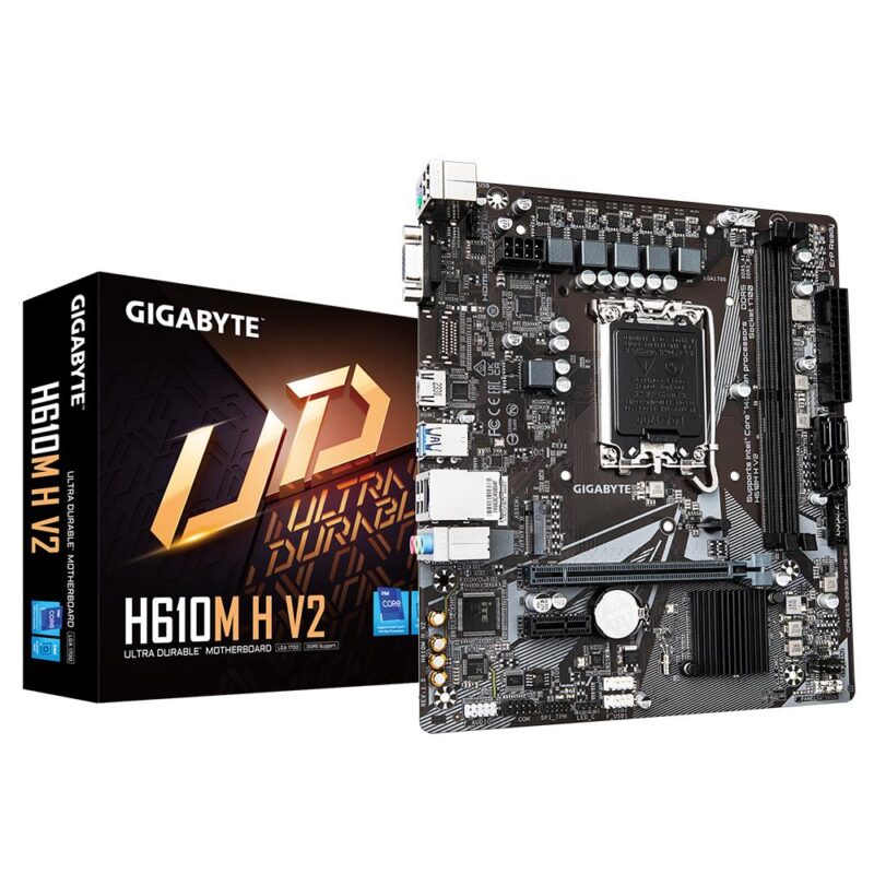 Mainboard GIGABYTE Intel H610 LGA1700 Micro-ATX Memory DDR5 Memory slots 2 1xPCI-Express 3.0 1x 1xPCI-Express 4.0 16x 1xM.2 1x15pin D-sub 1xHDMI 4xUSB 2.0 2xUSB 3.2 1xPS/2 1xRJ45 3xAudio port H610MHV21.0  H610MHV21.0 4719331859985