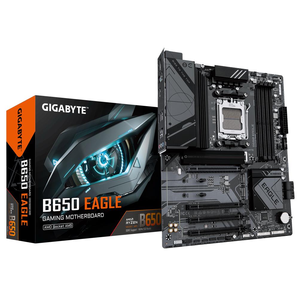 Mainboard GIGABYTE AMD B650 SAM5 ATX Memory DDR5 Memory slots 4 1xPCI-Express 16x 3xPCI-Express 3.0 16x 3xM.2 1xHDMI 1xDisplayPort 1xAudio-In 1xAudio-Out 1xMicrophone 6xUSB 2.0 2xUSB 3.2 1xUSB-C 1xPS/2 1xRJ45 B650EAGLE  B650EAGLE 4719331863081