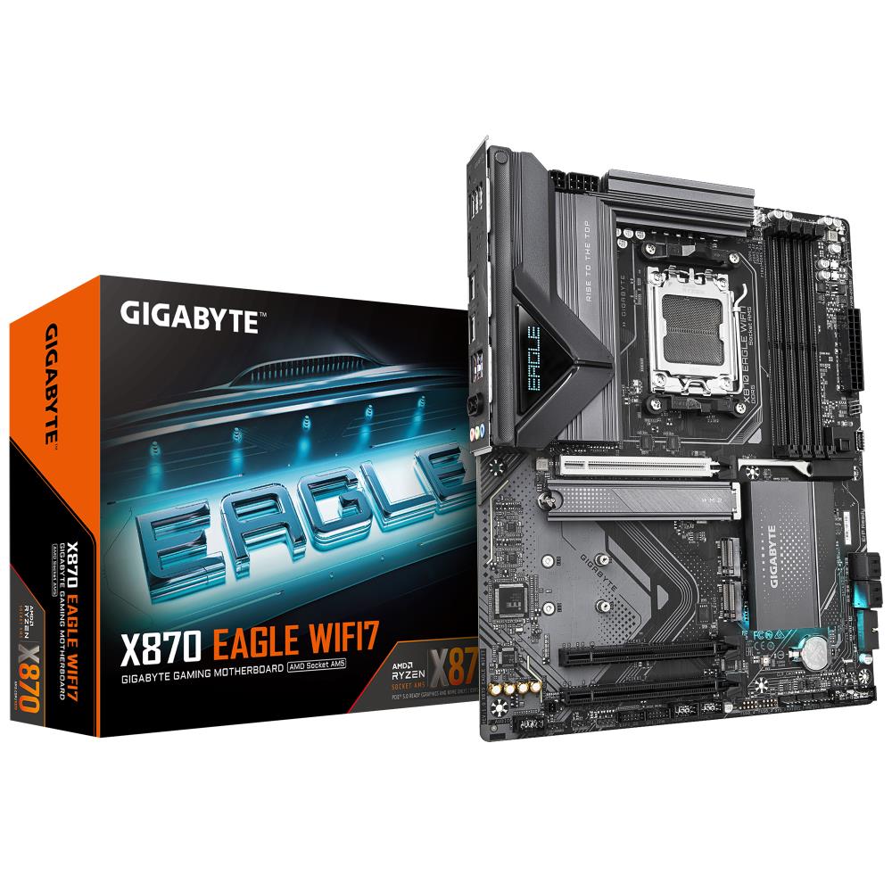 Mainboard GIGABYTE AMD X870 SAM5 ATX Memory DDR5 Memory slots 4 2xPCI-Express 3.0 1x 1xPCI-Express 5.0 16x 3xM.2 1xHDMI 4xUSB 2.0 4xUSB 3.2 2xUSB-C 1xRJ45 3xAudio port X870EAGLEWIFI7  X870 EAGLE WIFI7 4719331864996