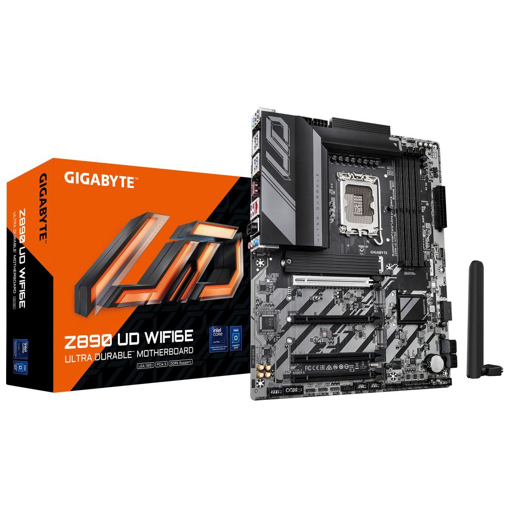 Mainboard GIGABYTE Intel Z890 LGA1851 ATX Memory DDR5 Memory slots 4 1xPCI-Express 4.0 1x 2xPCI-Express 4.0 4x	 1xPCI-Express 5.0 16x 3xM.2 1xDisplayPort 4xUSB 2.0 5xUSB 3.2 1xUSB-C 1xPS/2 1xRJ45 3xAudio port Z890UDWIFI6E  Z890 UD WIFI6E 4719331865313