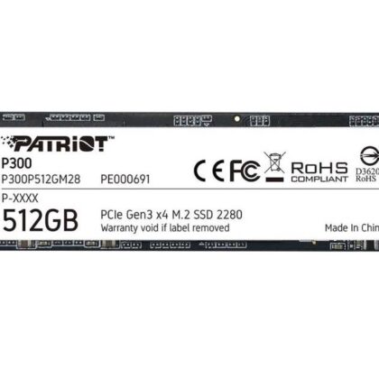 SSD PATRIOT P300 512GB M.2 PCIE NVMe 3D NAND Write speed 1200 MBytes/sec Read speed 1700 MBytes/sec 3.8mm TBW 240 TB P300P512GM28  P300P512GM28 814914026526