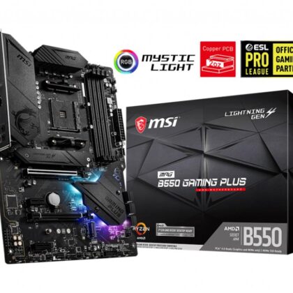 Mainboard MSI AMD B550 SAM4 ATX 2xPCI-Express 3.0 1x 1xPCI-Express 3.0 4x 2xM.2 1xPCI-Express 4.0 1x Memory DDR4 Memory slots 4 1xHDMI 1xDisplayPort 2xAudio-In 3xAudio-Out 4xUSB 2.0 1xUSB type C 3xUSB 3.2 1xPS/2 1xOptical S/PDIF 1xRJ45 MPGB550GAMINGPLUS  MPGB550GAMINGPLUS 4719072731885