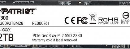 SSD PATRIOT P300 2TB M.2 PCIE NVMe QLC Write speed 1650 MBytes/sec Read speed 2100 MBytes/sec 3.8mm TBW 960 TB P300P2TBM28  P300P2TBM28 814914027318