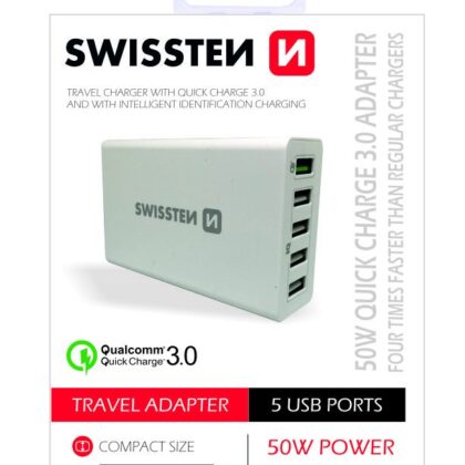 Swissten Qualcomm 3.0 QC Smart IC Premium Travel Charger USB 5x 2.1A  50W SW-TCH-QUAL3.050W-W 8595217445826