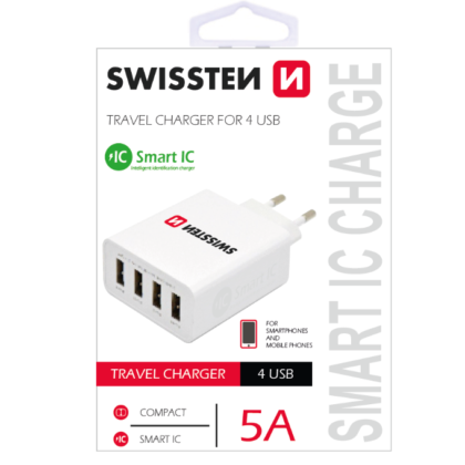 Swissten Smart IC Travel Charger USB 4x 2.1A  / 25W / 5A With Automatic Optimal Power Charging SW-TCH-5AIC-W 8595217455139