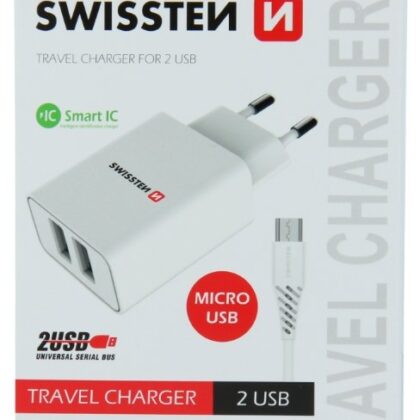 Swissten Smart IC Travel Charger 2x USB 2.1A with Micro USB Cable 1.2m SW-SET-2x2.1AWCM-WH 8595217464384