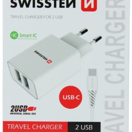 Swissten Smart IC Travel Charger 2x USB 2.1А with USB-C Cable 1.2 m SW-SET-2X2.1AWCUC-WH 8595217464407