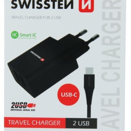 Swissten Smart IC Travel Charger 2x USB 2.1А with USB-C Cable 1.2 m SW-SET-2X2.1AWCUC-BK 8595217464414