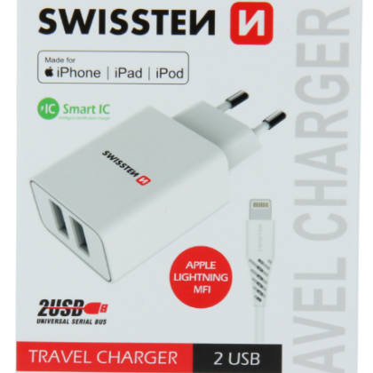 Swissten Smart IC Travel Charger 2x USB 2.1A with Lightning MFI Cable 1.2 m SW-SET-2X2.1AWCLIH-MFI-WH 8595217464421