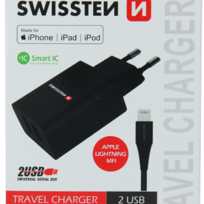 Swissten Smart IC Travel Charger 2x USB 2.1A with Lightning MFI Cable 1.2m SW-SET-2X2.1AWCLIH-MFI-BK 8595217464438