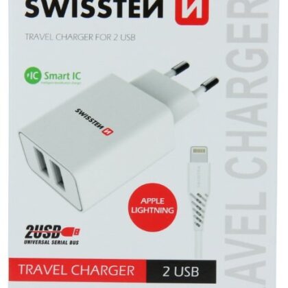 Swissten Smart IC Travel Charger 2x USB 2.1A with Lightning Cable 1.2m SW-SET-2X2.1AWCLIH-WH 8595217464445