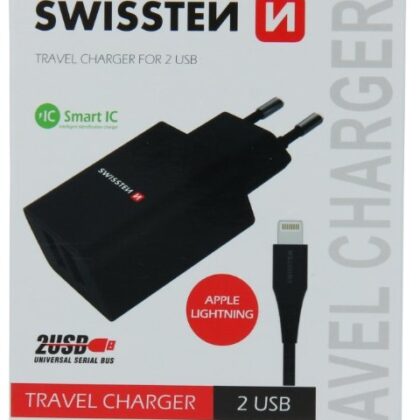 Swissten Smart IC Travel Charger 2x USB 2.1A with Lightning Cable 1.2m SW-SET-2X2.1AWCLIH-BK 8595217464452