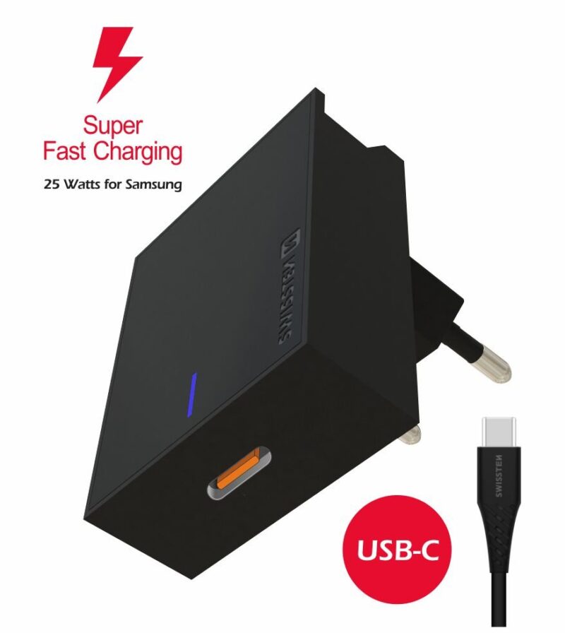 Swissten 25W Samsung Super Fast Charging Travel charger with 1.2m USB-C to USB-C cable SW-SAM-SFC-BK 8595217471443