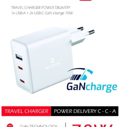 Swissten GaN Travel Charger 2 x USB-C / USB / 70W 22054100 8595217476639